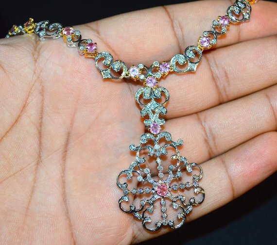 Certified Natural 12.84CTS VS G Diamond Pink Sapphire 18K Solid Gold Necklace Earrings Set