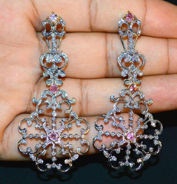 Certified Natural 12.84CTS VS G Diamond Pink Sapphire 18K Solid Gold Necklace Earrings Set