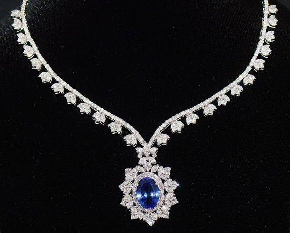 GIA Certified 26.9CTS VS F Diamond Tanzanite 18K Solid Gold Collar Riviera Pendant Necklace