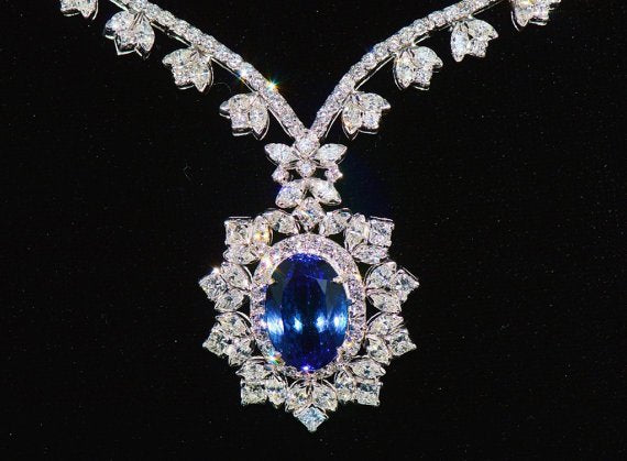 GIA Certified 26.9CTS VS F Diamond Tanzanite 18K Solid Gold Collar Riviera Pendant Necklace