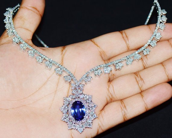 GIA Certified 26.9CTS VS F Diamond Tanzanite 18K Solid Gold Collar Riviera Pendant Necklace