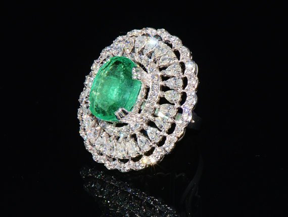 GIA Certified Natural 13.1CTS Colombian Emerald VS F Diamond 18K Solid Gold Cocktail Dome Ring