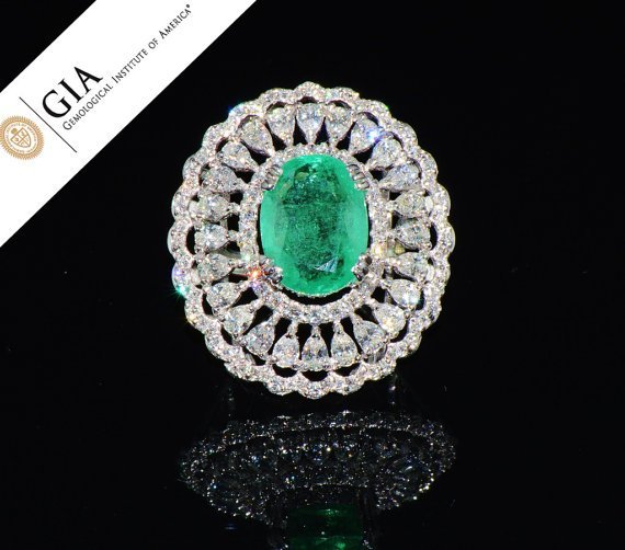GIA Certified Natural 13.1CTS Colombian Emerald VS F Diamond 18K Solid Gold Cocktail Dome Ring