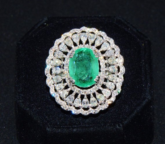 GIA Certified Natural 13.1CTS Colombian Emerald VS F Diamond 18K Solid Gold Cocktail Dome Ring