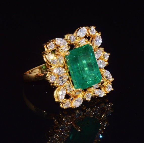 GIA Certified Natural 9CTS VS F Diamond Emerald 18K Solid Gold Dinner Ring
