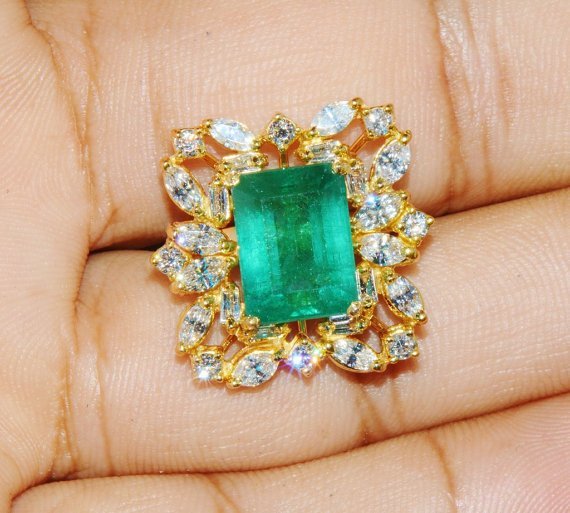 GIA Certified Natural 9CTS VS F Diamond Emerald 18K Solid Gold Dinner Ring