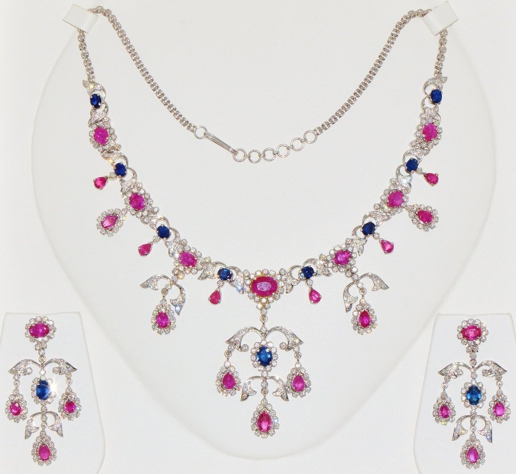 Certified Natural 31CTS VS F Diamond Ruby Sapphire 18K Solid Gold Necklace Earrings Set