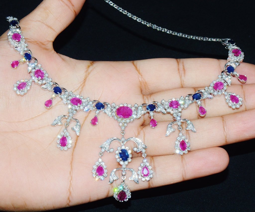Certified Natural 31CTS VS F Diamond Ruby Sapphire 18K Solid Gold Necklace Earrings Set