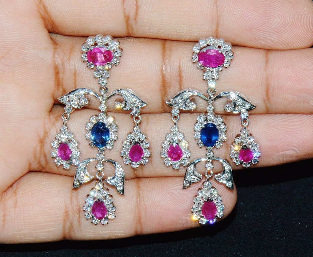 Certified Natural 31CTS VS F Diamond Ruby Sapphire 18K Solid Gold Necklace Earrings Set