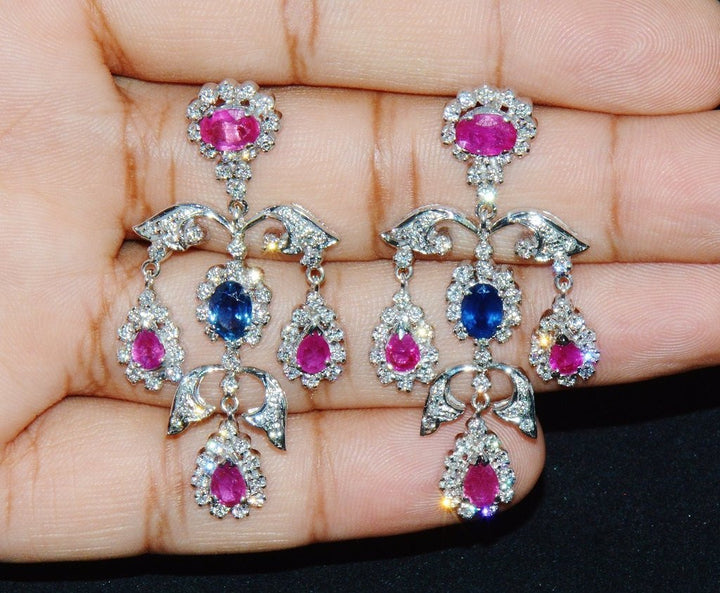 Certified Natural 31CTS VS F Diamond Ruby Sapphire 18K Solid Gold Necklace Earrings Set