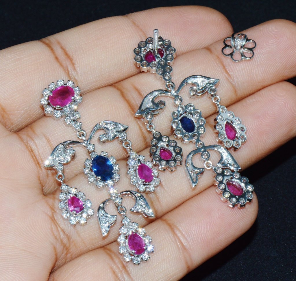 Certified Natural 31CTS VS F Diamond Ruby Sapphire 18K Solid Gold Necklace Earrings Set
