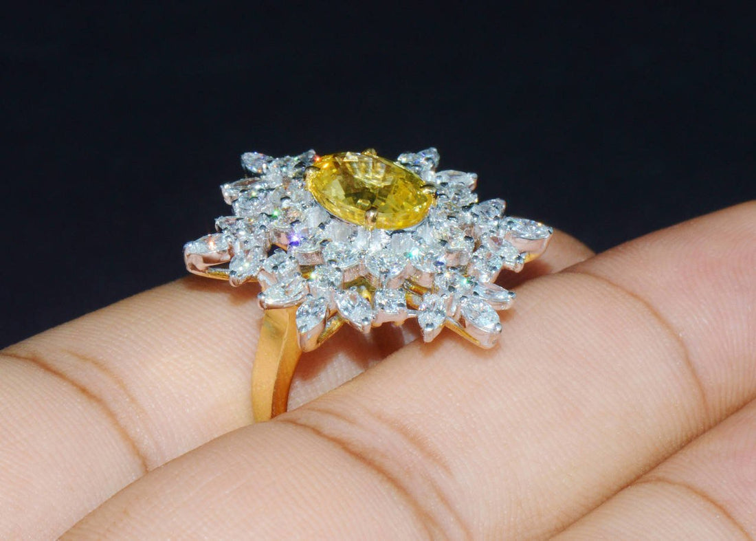 GIA Certified Natural 6.1CTS VS F Diamond 18K Solid Gold Yellow Ceylon Sapphire Ring