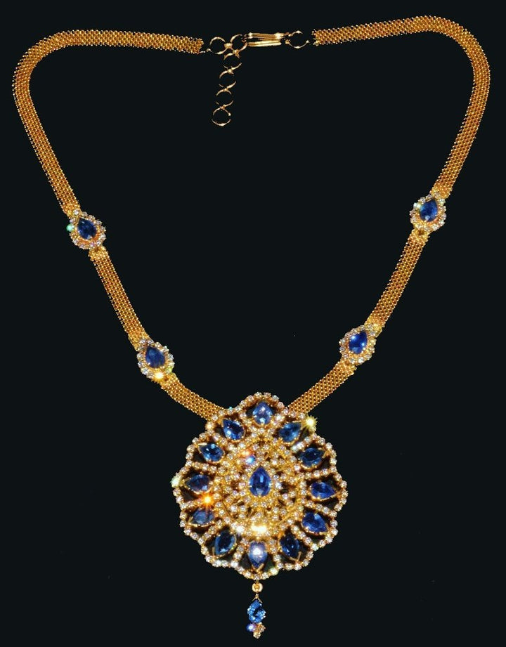 Certified Natural 19.3CTS VVS F Diamond Sapphire 18K Solid Gold Pendant Brooch Necklace