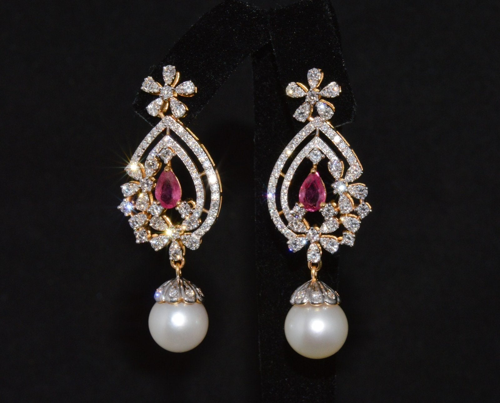 Certified Natural 24.16CTS VS F Diamond Ruby South Sea Pearl 18K Solid Gold Dangle Earrings