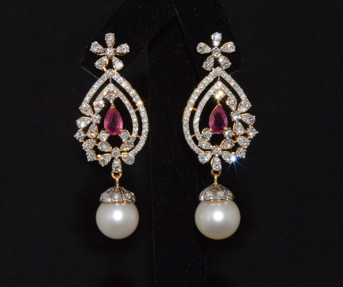 Certified Natural 24.16CTS VS F Diamond Ruby South Sea Pearl 18K Solid Gold Dangle Earrings