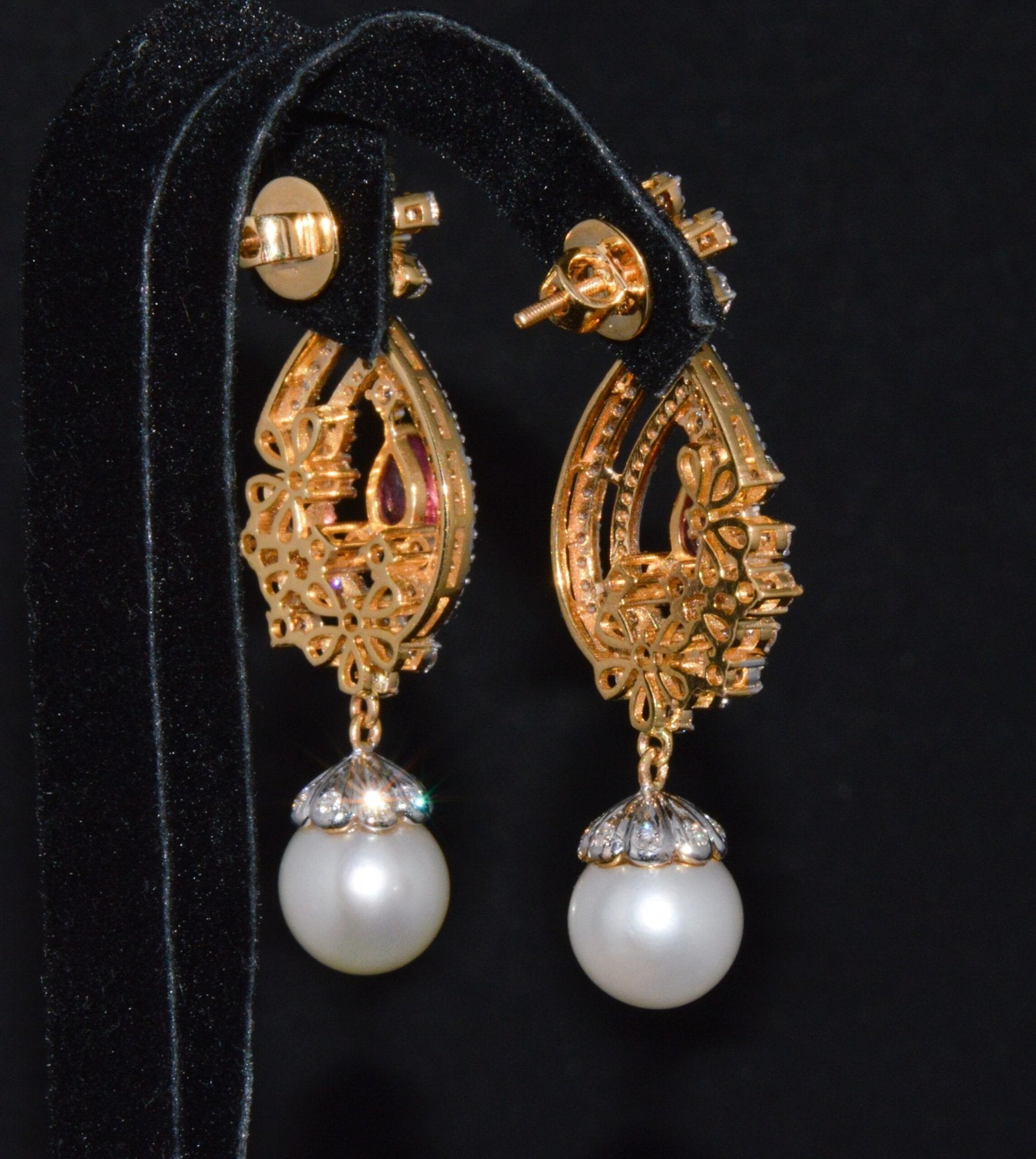 Certified Natural 24.16CTS VS F Diamond Ruby South Sea Pearl 18K Solid Gold Dangle Earrings
