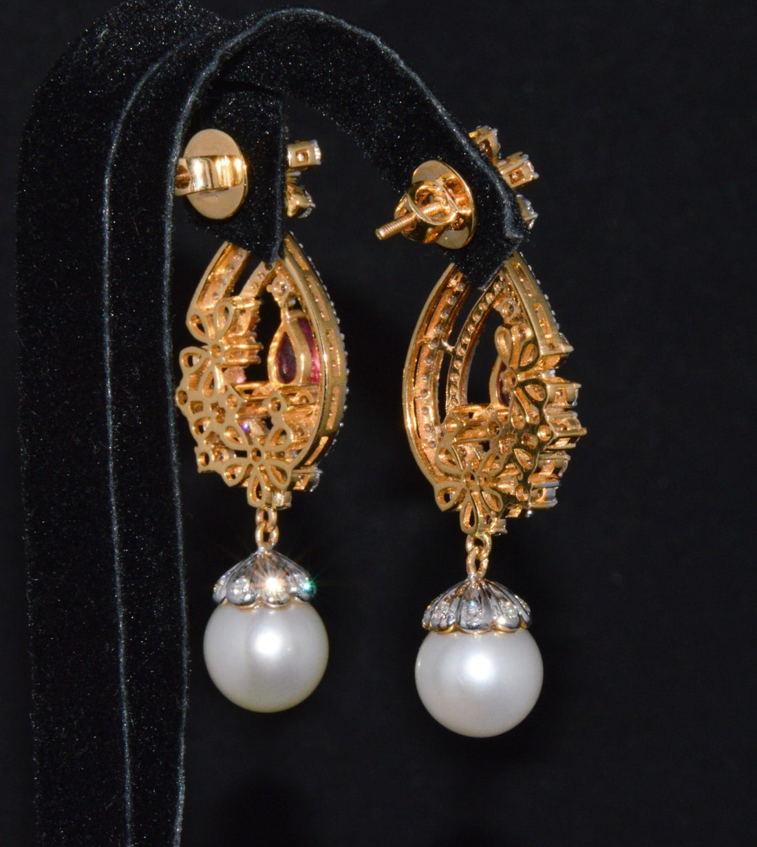 Certified Natural 24.16CTS VS F Diamond Ruby South Sea Pearl 18K Solid Gold Dangle Earrings