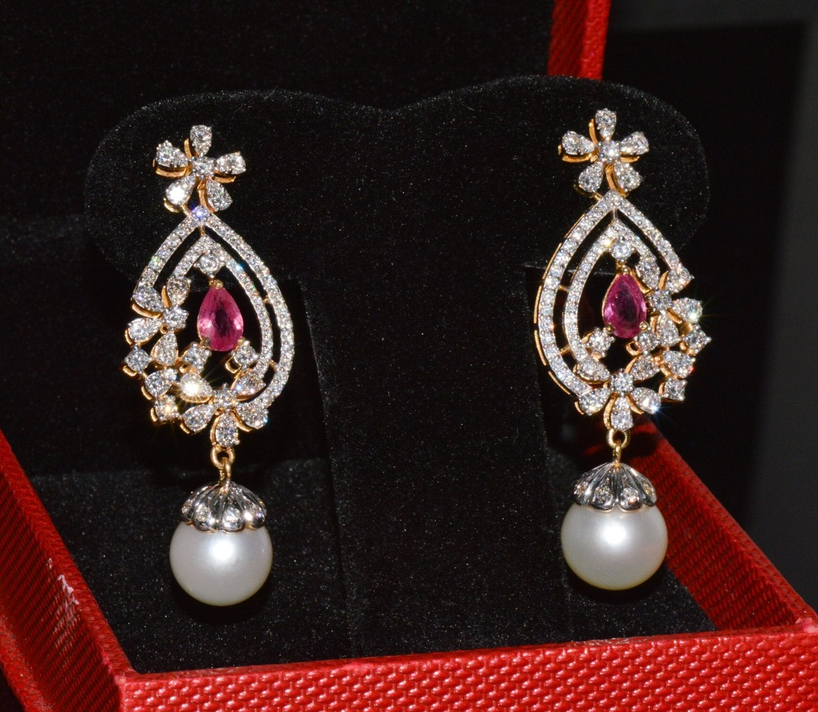 Certified Natural 24.16CTS VS F Diamond Ruby South Sea Pearl 18K Solid Gold Dangle Earrings
