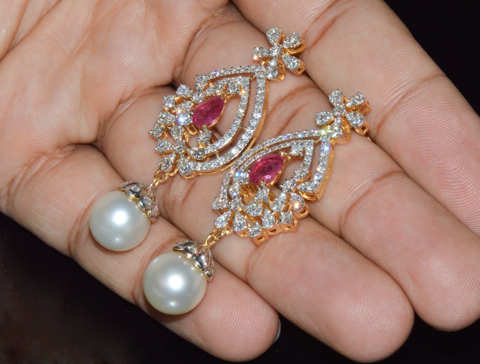 Certified Natural 24.16CTS VS F Diamond Ruby South Sea Pearl 18K Solid Gold Dangle Earrings