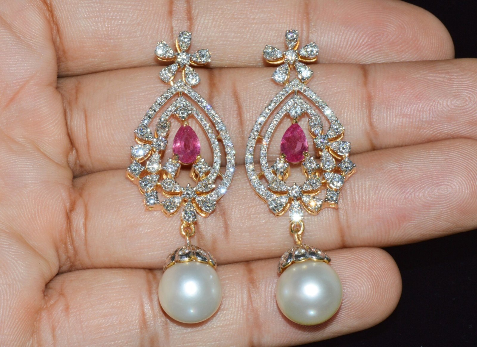 Certified Natural 24.16CTS VS F Diamond Ruby South Sea Pearl 18K Solid Gold Dangle Earrings