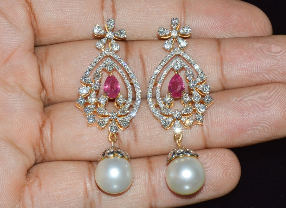 Certified Natural 24.16CTS VS F Diamond Ruby South Sea Pearl 18K Solid Gold Dangle Earrings
