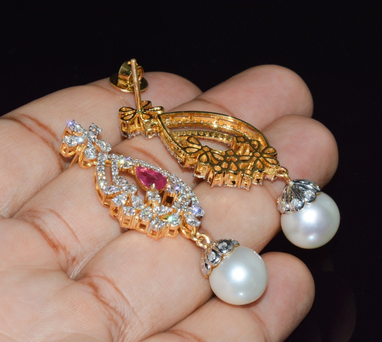 Certified Natural 24.16CTS VS F Diamond Ruby South Sea Pearl 18K Solid Gold Dangle Earrings