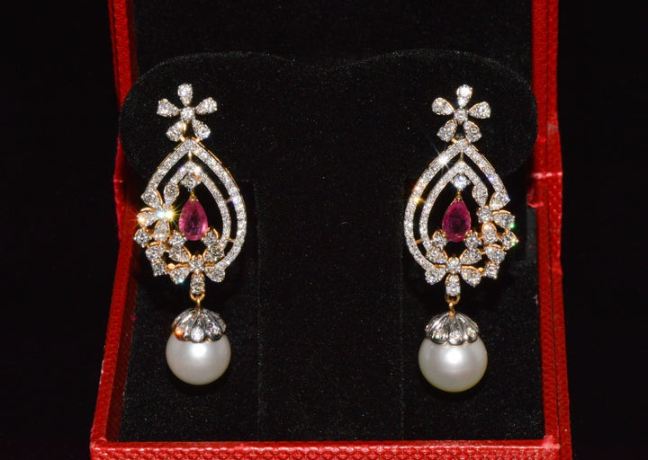 Certified Natural 24.16CTS VS F Diamond Ruby South Sea Pearl 18K Solid Gold Dangle Earrings