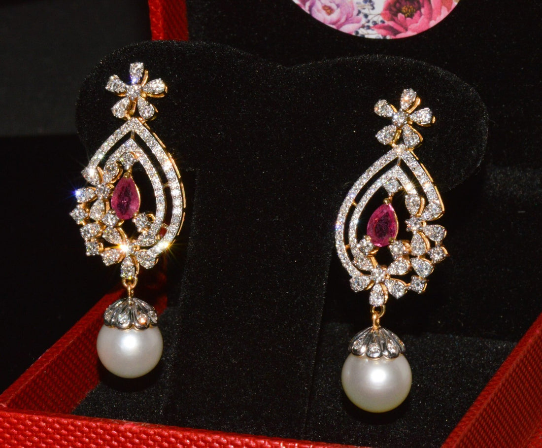 Certified Natural 24.16CTS VS F Diamond Ruby South Sea Pearl 18K Solid Gold Dangle Earrings