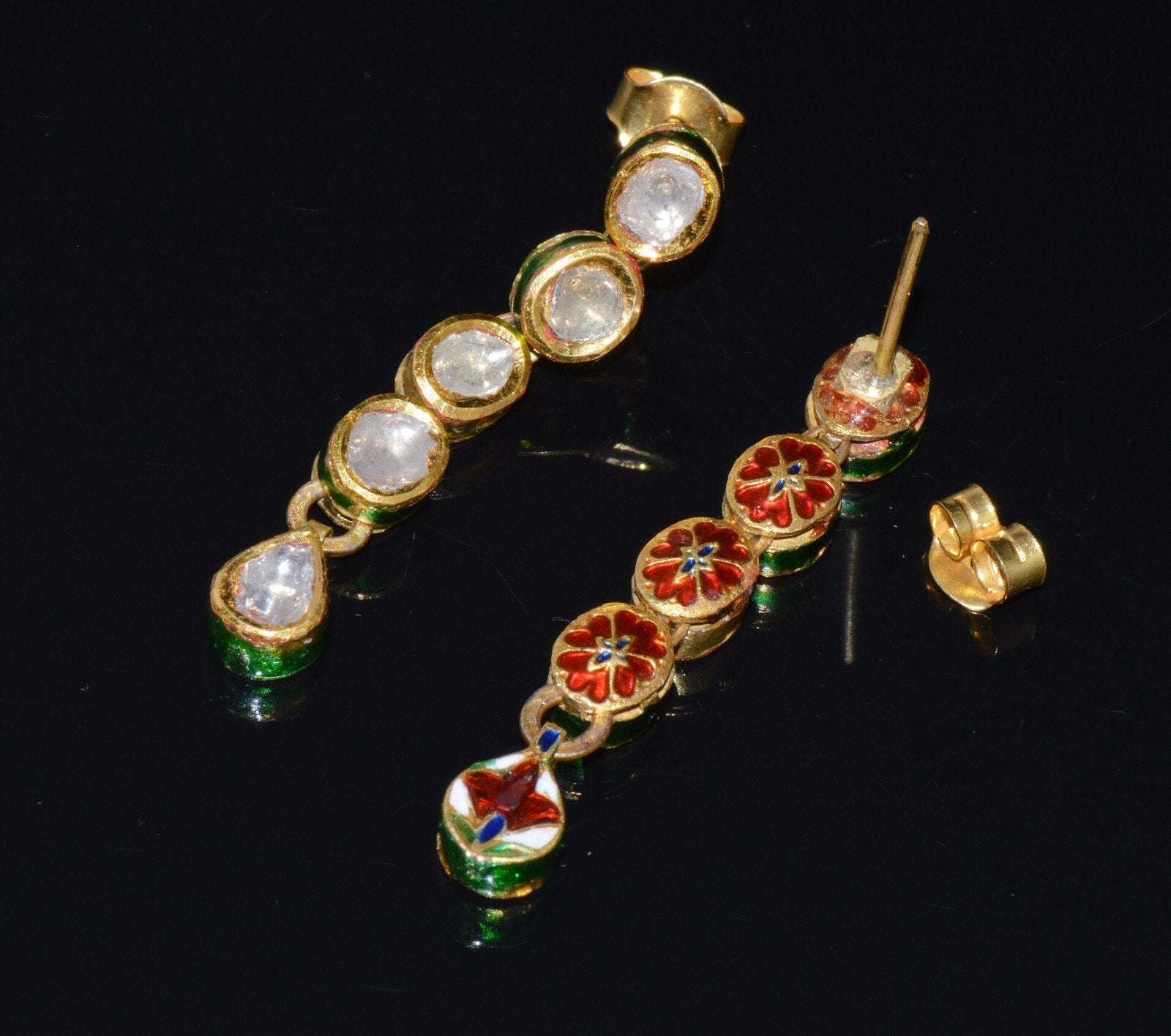 Estate 22K 18K Solid Gold 1.8CTS Diamond Enamel Earrings