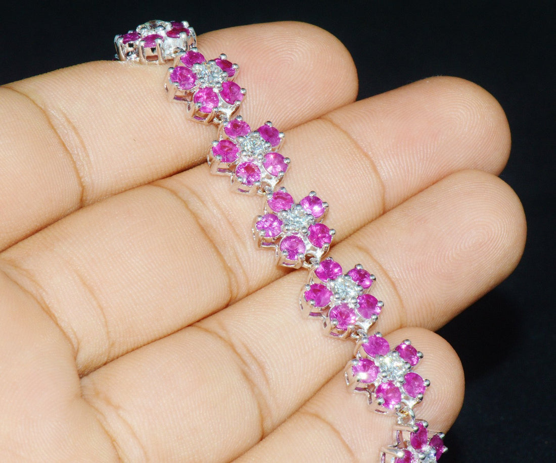 Certified Natural 18.6Ct VS F Diamond Ruby 18K Solid Gold Floral Tennis Bracelet