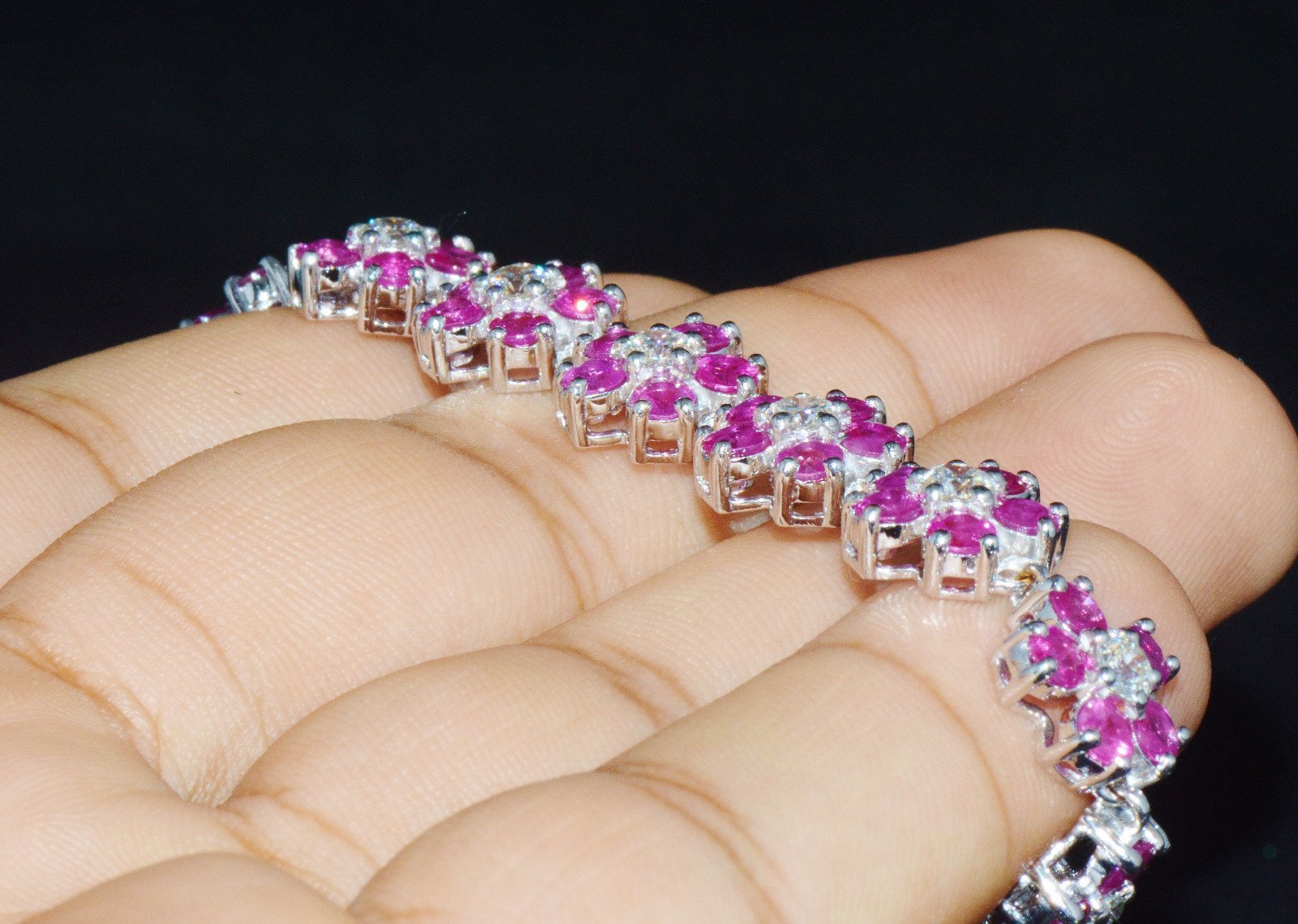 Certified Natural 18.6Ct VS F Diamond Ruby 18K Solid Gold Floral Tennis Bracelet