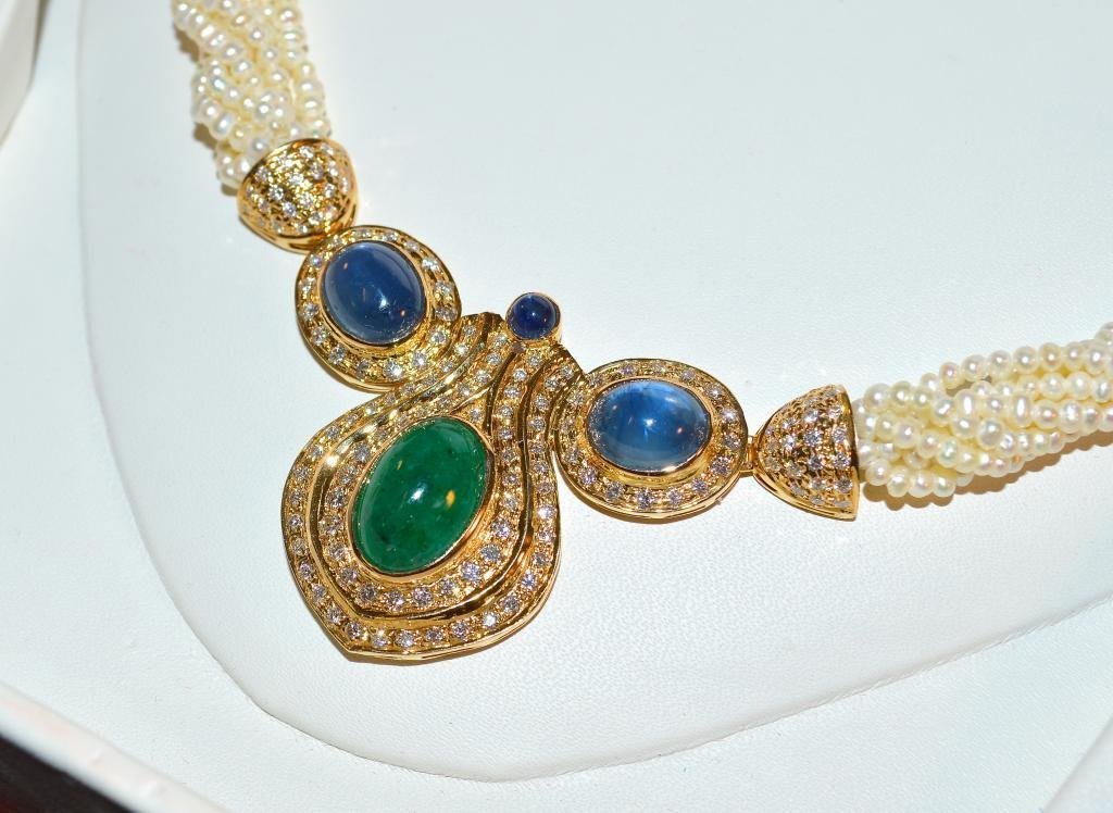 Certified Natural 141.4CTS VS F Diamond Emerald Sapphire Pearl 18K Solid Gold Necklace
