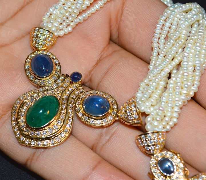 Certified Natural 141.4CTS VS F Diamond Emerald Sapphire Pearl 18K Solid Gold Necklace