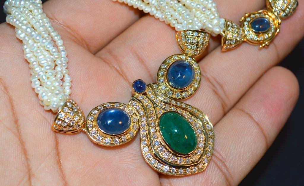 Certified Natural 141.4CTS VS F Diamond Emerald Sapphire Pearl 18K Solid Gold Necklace