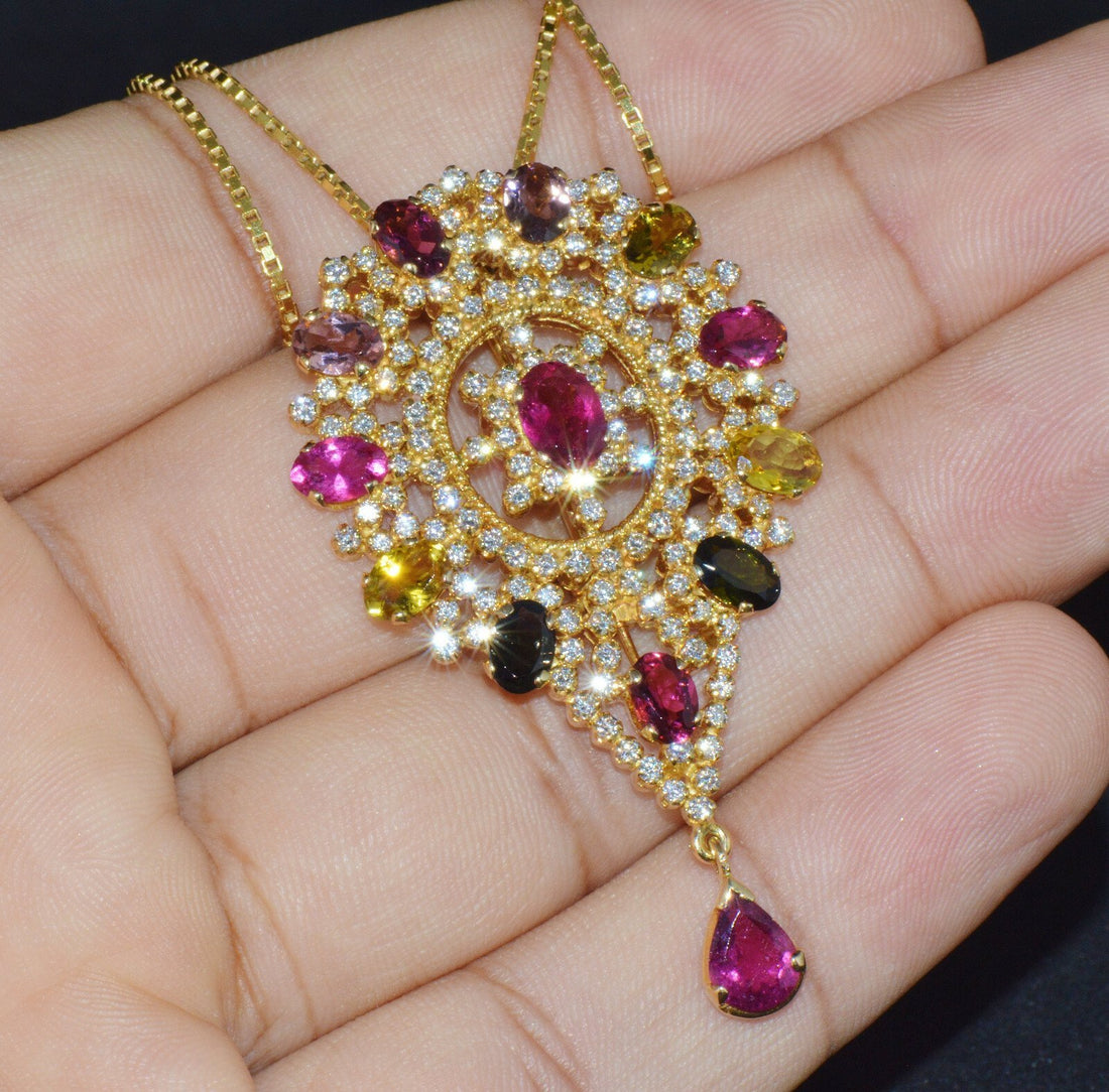 Certified Natural 10.46Cts VS G Diamond Multi Tourmaline 18K Gold Pendant Brooch