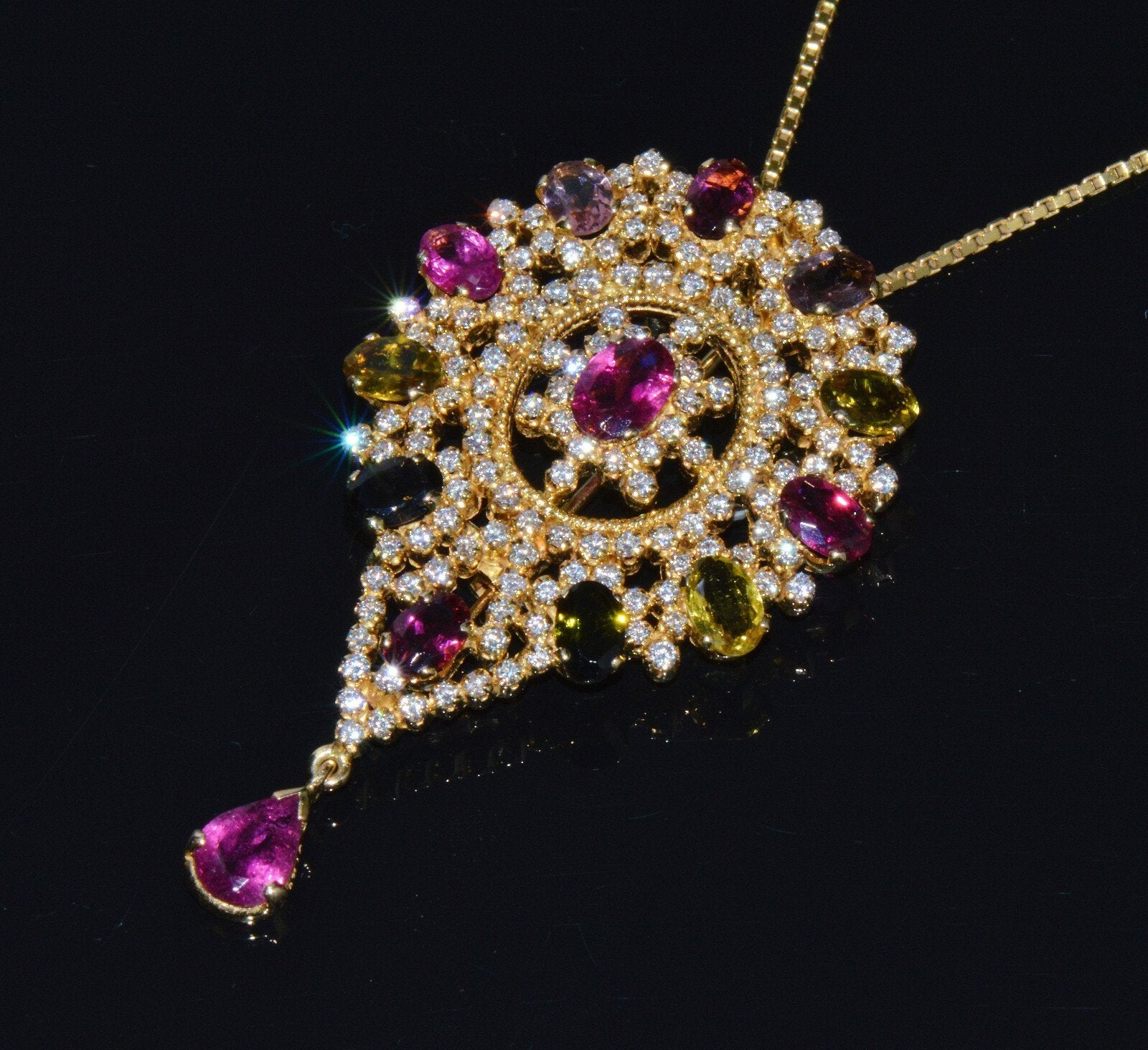 Certified Natural 10.46Cts VS G Diamond Multi Tourmaline 18K Gold Pendant Brooch