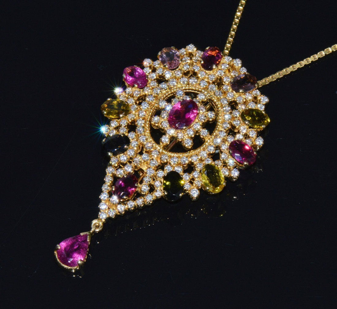 Certified Natural 10.46Cts VS G Diamond Multi Tourmaline 18K Gold Pendant Brooch