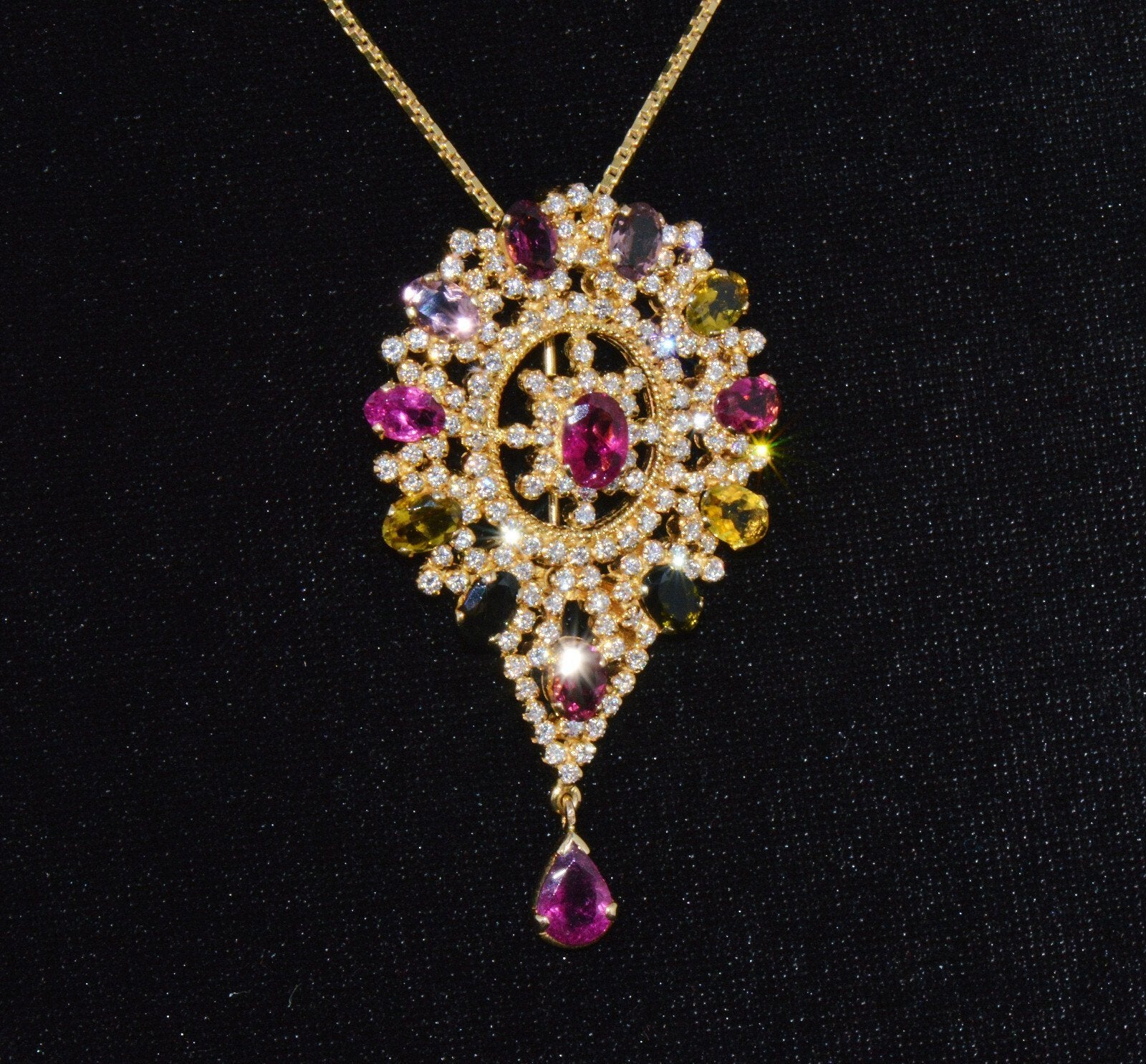 Certified Natural 10.46Cts VS G Diamond Multi Tourmaline 18K Gold Pendant Brooch
