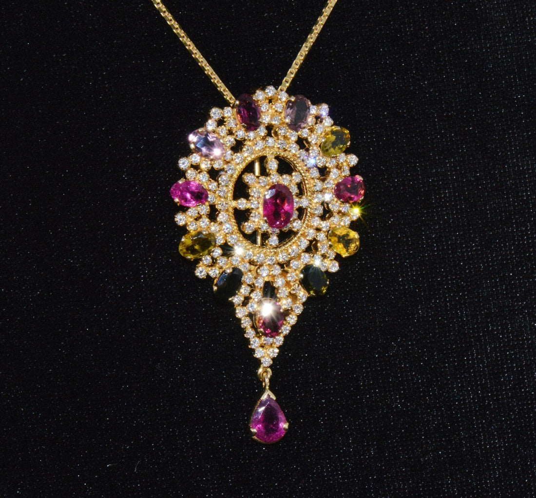 Certified Natural 10.46Cts VS G Diamond Multi Tourmaline 18K Gold Pendant Brooch