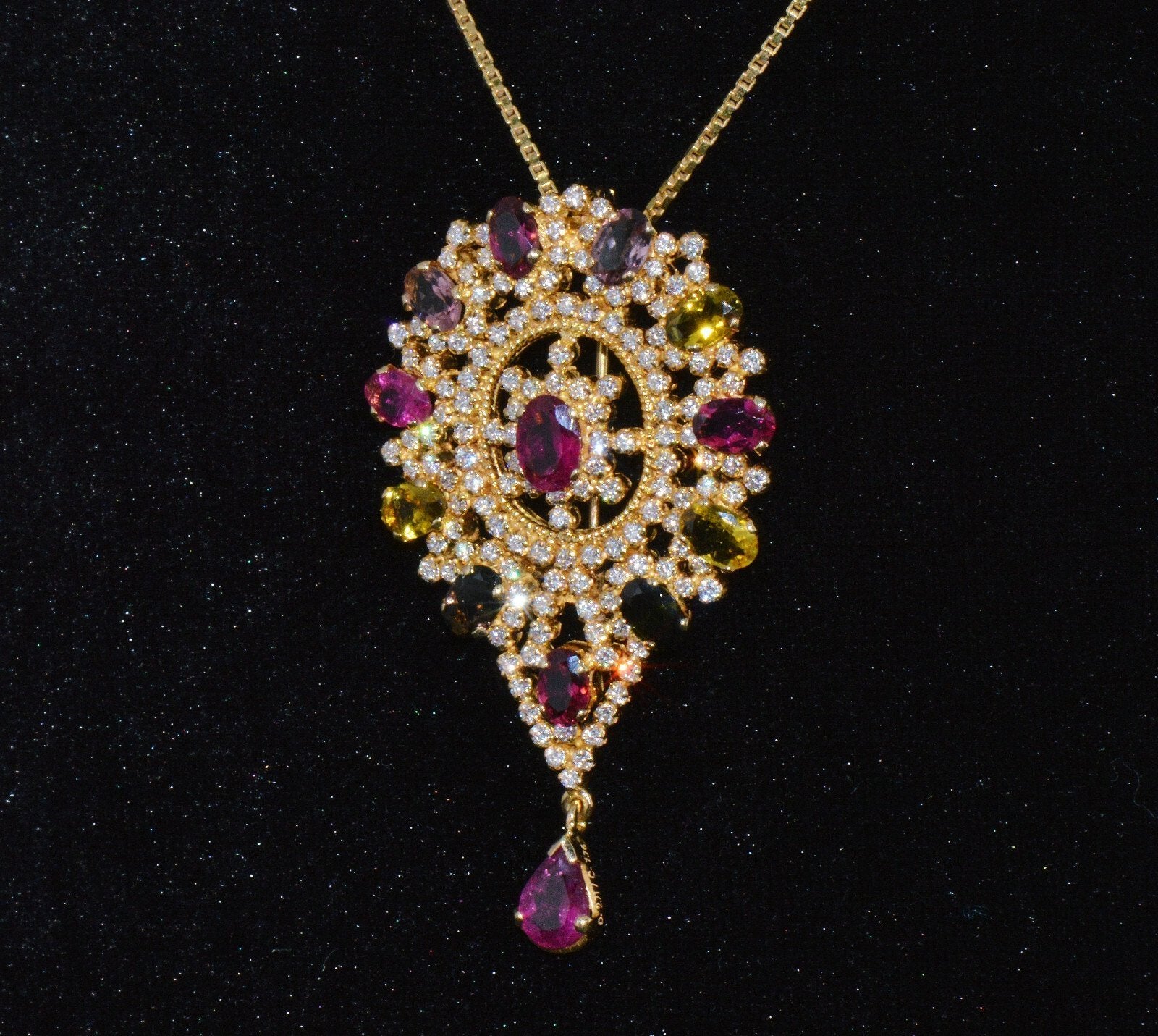 Certified Natural 10.46Cts VS G Diamond Multi Tourmaline 18K Gold Pendant Brooch