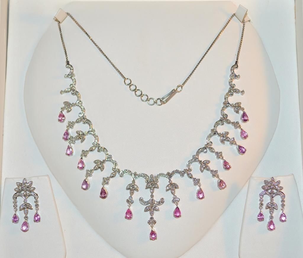 Certified Natural 14.1CTS VS F Diamond Pink Sapphire 18K Solid Gold Dangle Necklace Earrings Set
