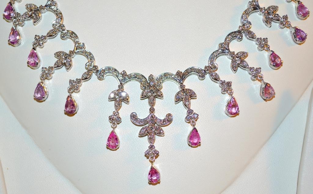 Certified Natural 14.1CTS VS F Diamond Pink Sapphire 18K Solid Gold Dangle Necklace Earrings Set