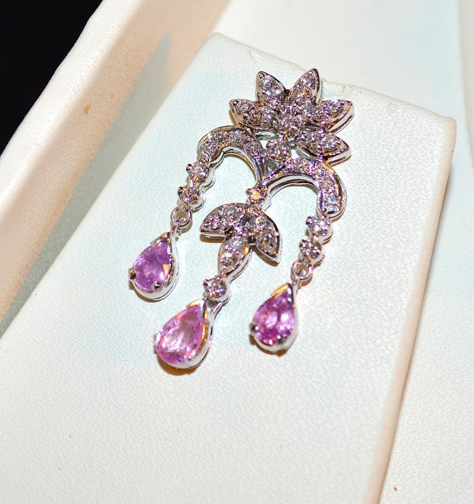 Certified Natural 14.1CTS VS F Diamond Pink Sapphire 18K Solid Gold Dangle Necklace Earrings Set