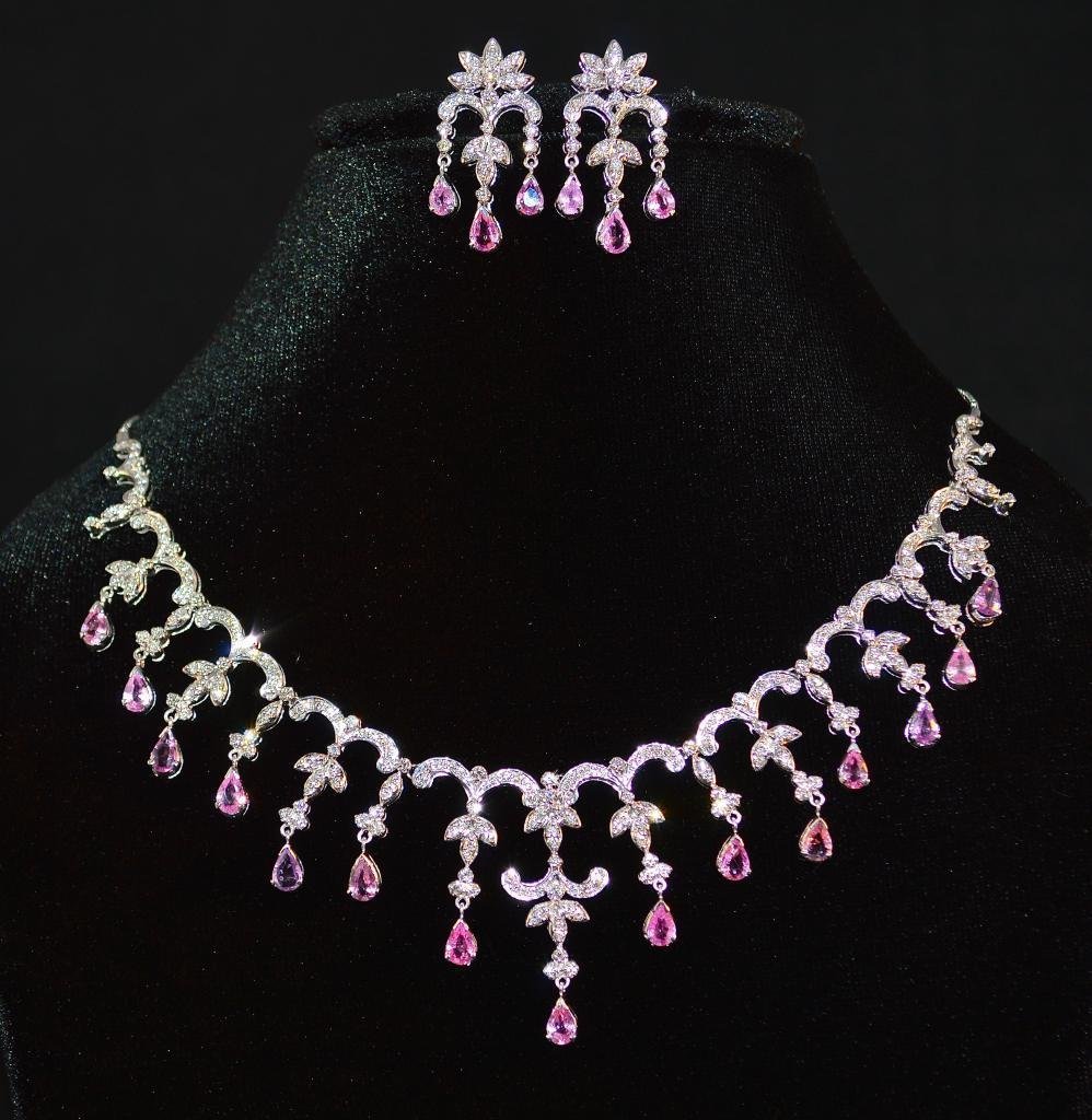 Certified Natural 14.1CTS VS F Diamond Pink Sapphire 18K Solid Gold Dangle Necklace Earrings Set