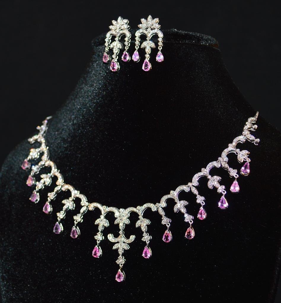 Certified Natural 14.1CTS VS F Diamond Pink Sapphire 18K Solid Gold Dangle Necklace Earrings Set