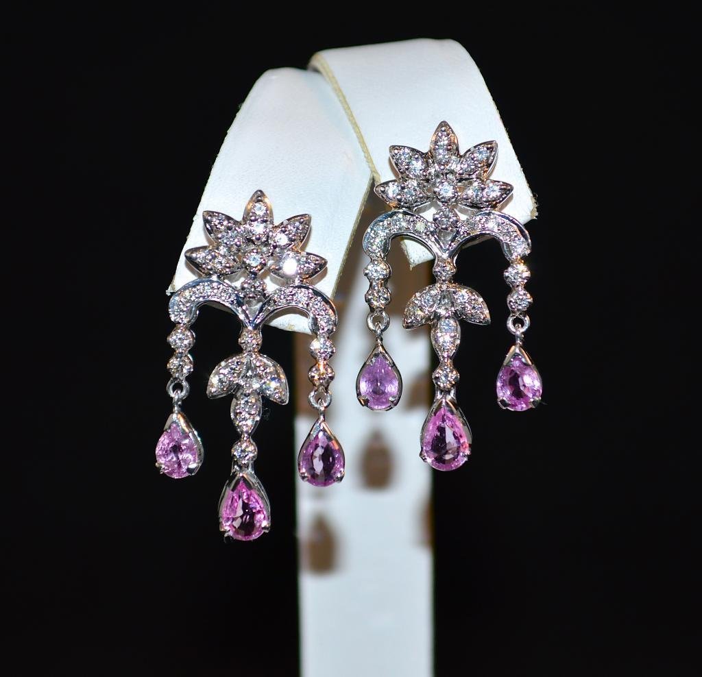 Certified Natural 14.1CTS VS F Diamond Pink Sapphire 18K Solid Gold Dangle Necklace Earrings Set