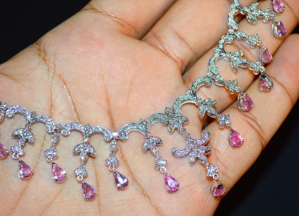 Certified Natural 14.1CTS VS F Diamond Pink Sapphire 18K Solid Gold Dangle Necklace Earrings Set