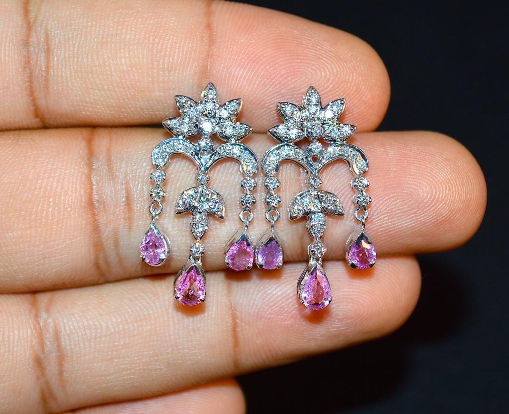 Certified Natural 14.1CTS VS F Diamond Pink Sapphire 18K Solid Gold Dangle Necklace Earrings Set
