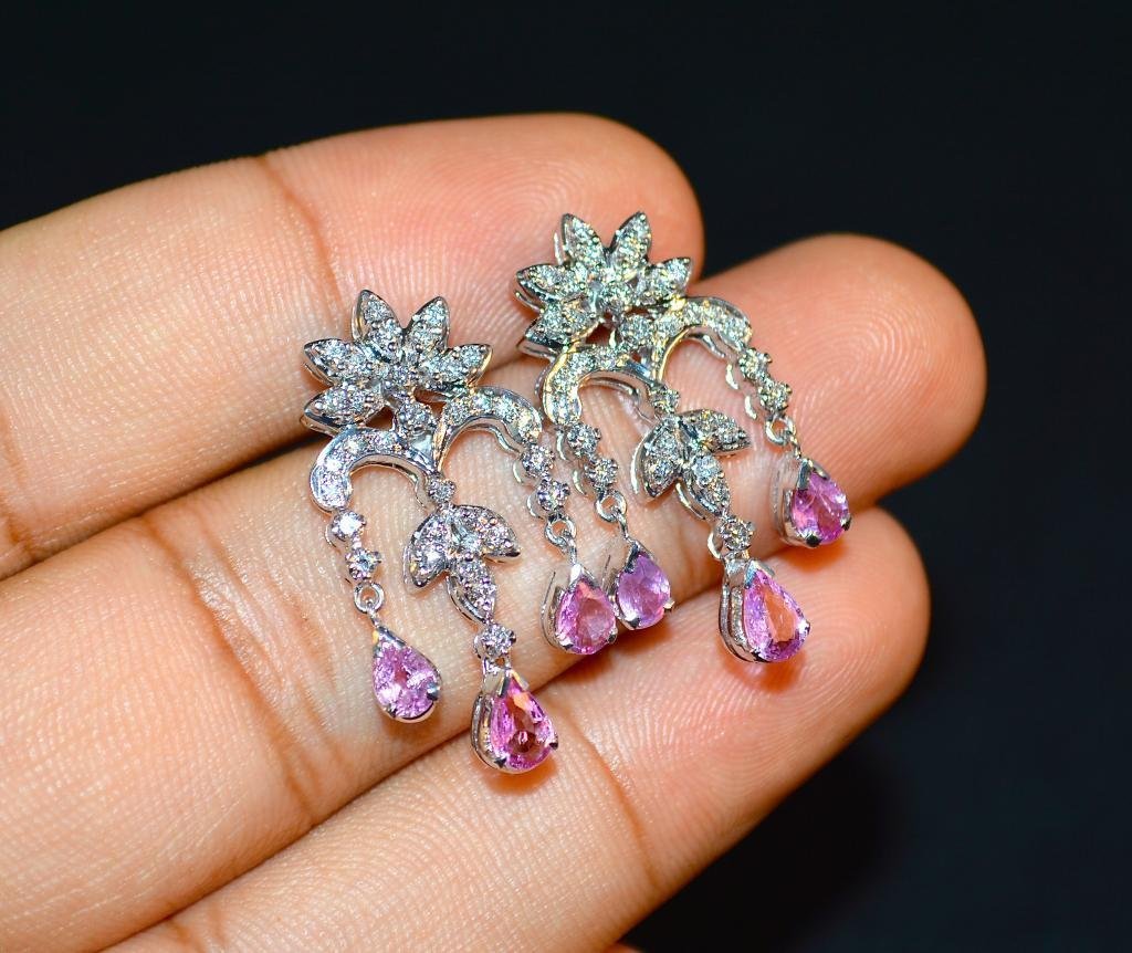 Certified Natural 14.1CTS VS F Diamond Pink Sapphire 18K Solid Gold Dangle Necklace Earrings Set