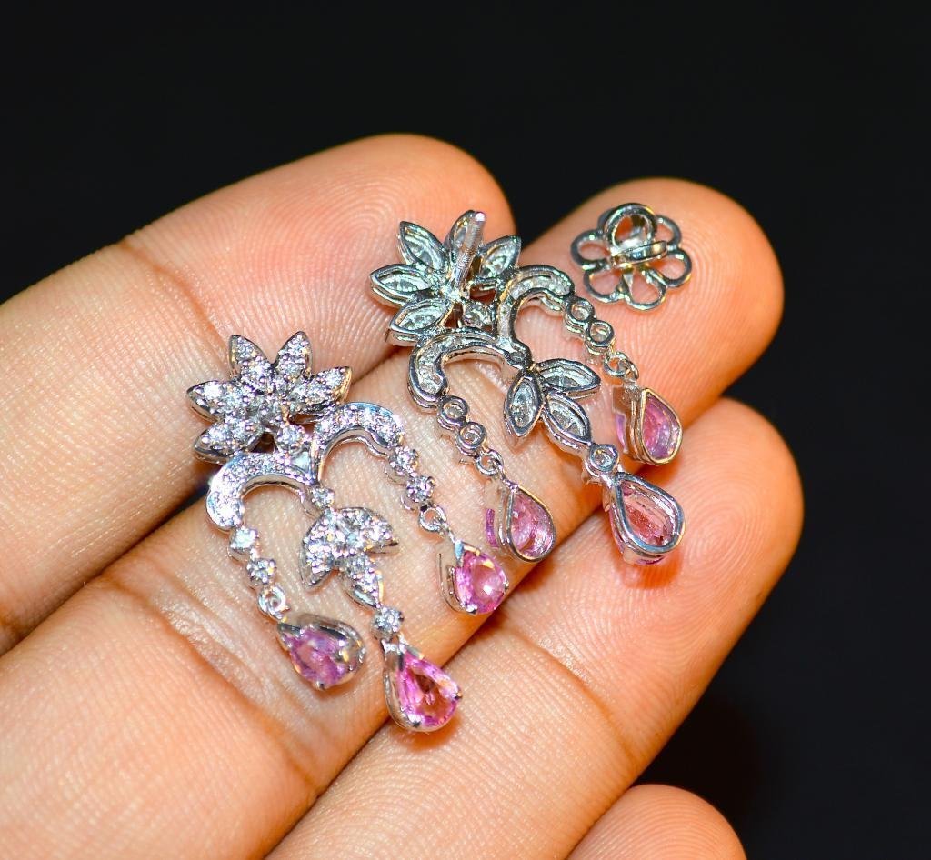Certified Natural 14.1CTS VS F Diamond Pink Sapphire 18K Solid Gold Dangle Necklace Earrings Set